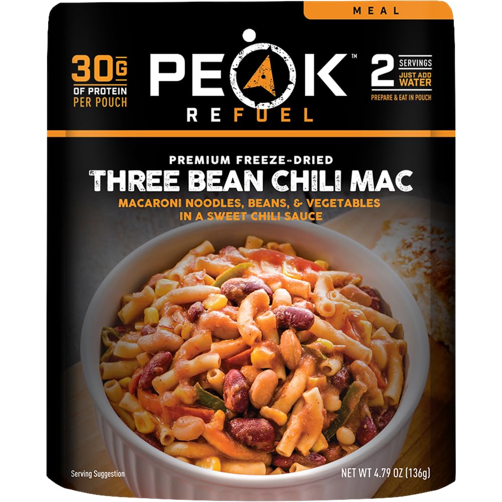 Peak Refuel Three Bean Chili Mac| Premium Freeze Dried Camping Food | Backpacking & Hiking MRE Meals | Just Add Water | 100% Real Ingredients | 30g of Protein | 2 Serving Pouch