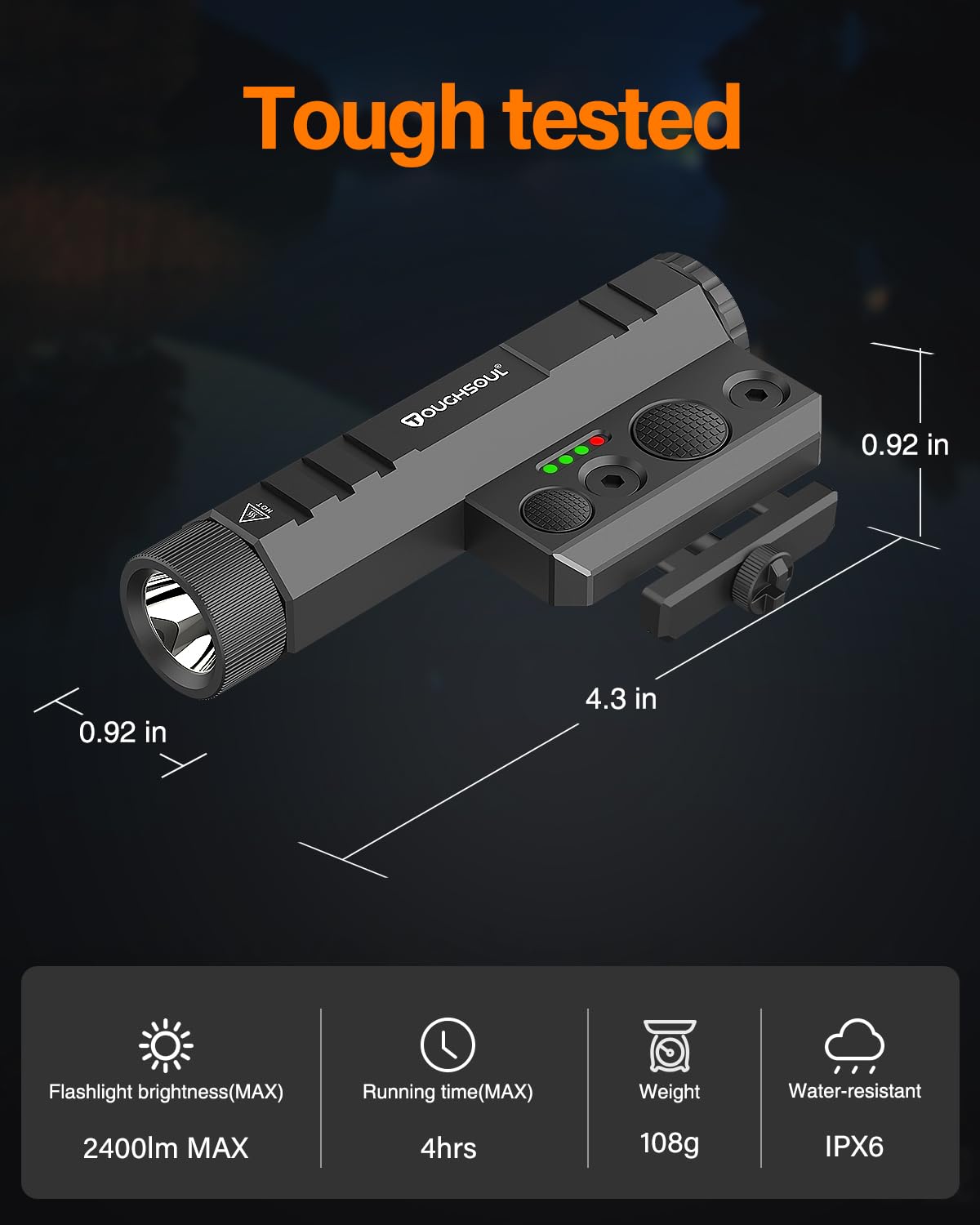 TOUGHSOUL Mlok/Picatinny Tactical Flashlight 2400 Lumen