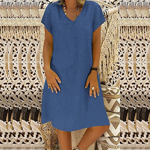 Generic Prime of Day Deals Today 2024 Clearance Women's Cotton Linen Knee Length Dress V Neck Short Sleeve Causal Loose Tshirt Dresses Summer Loose Shift Tunic Dress Vestido Verano Mujer Blue