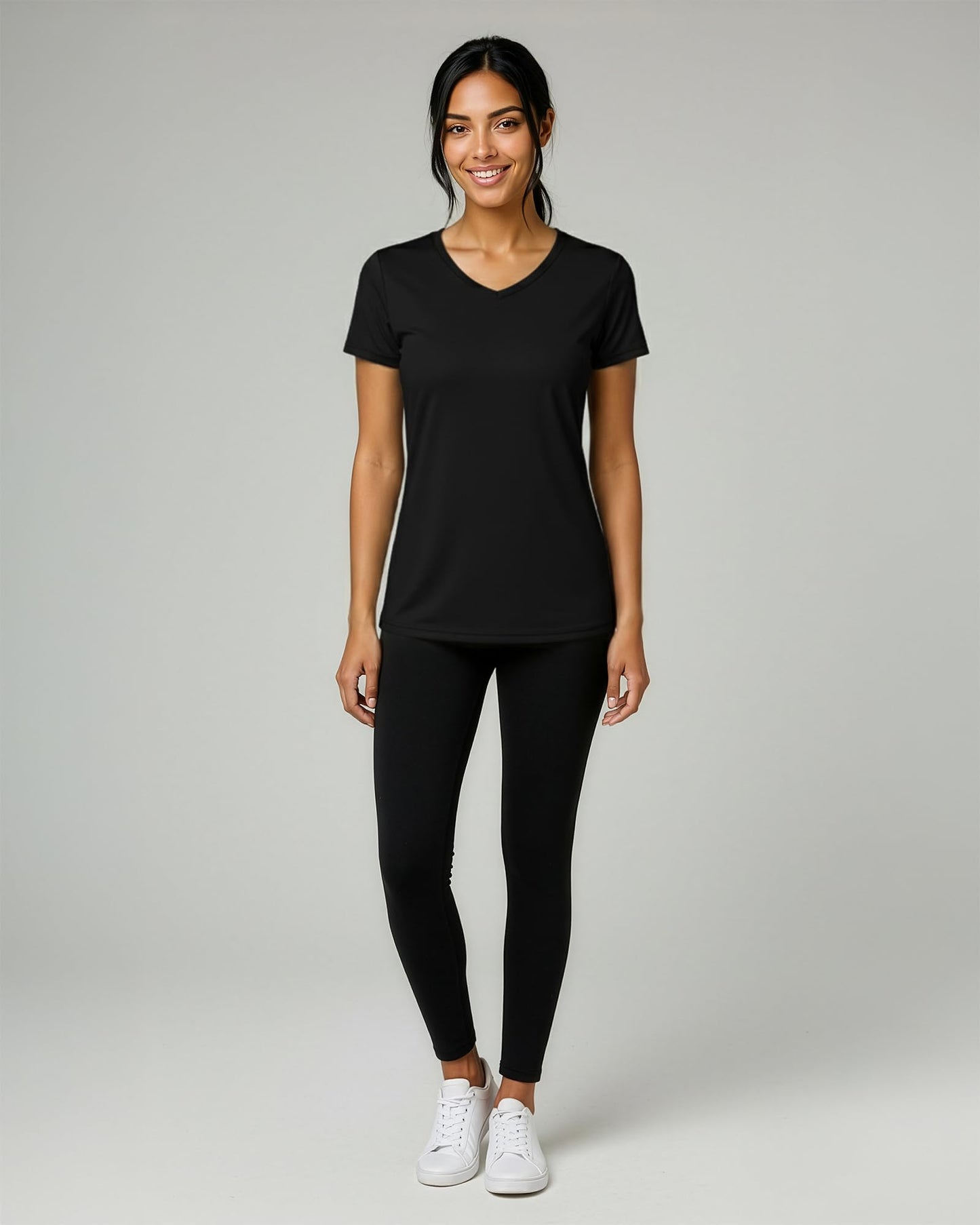 Real Essentials 5 Pack: Women's Dry-Fit Short Sleeve V Neck T Shirt Workout Fitness Yoga Top Tee, Set 5, S