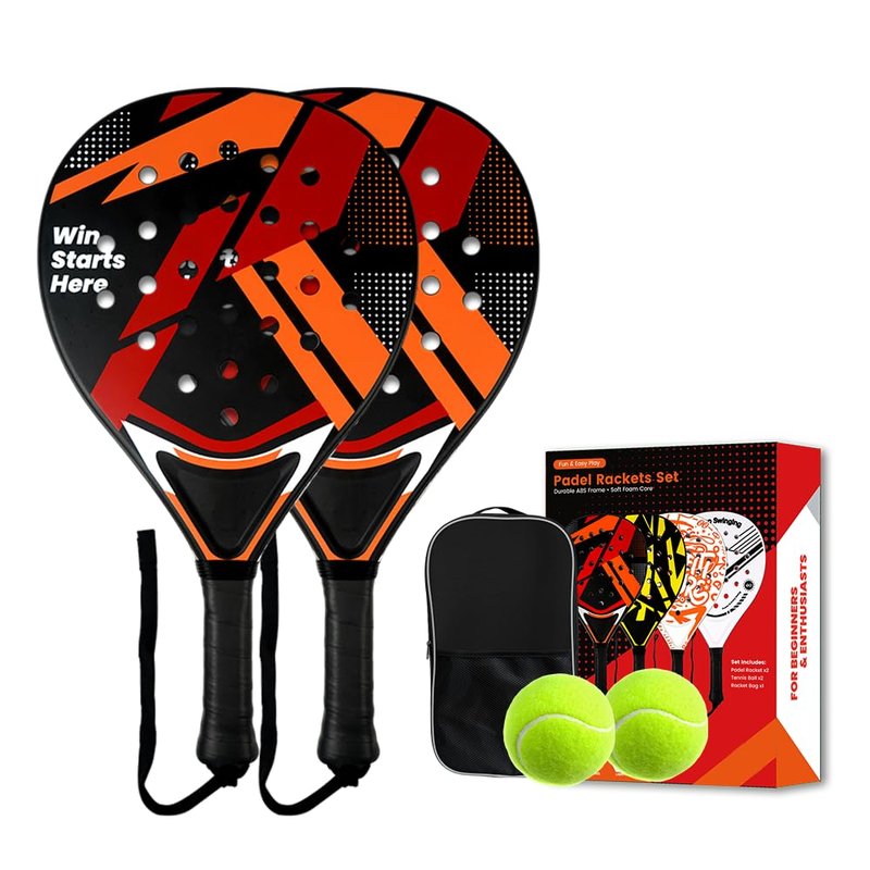 Padel Racket Set of 2 - ABS Surface & EVA Foam Core, Beach Paddle Tennis Racquets for Adults, Including 2 Balls & Carry Bag - Outdoor, Sand, Backyard, Pool Fun (Red)