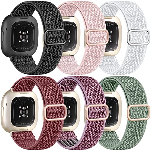 Ouwegaga 6 Pack Elastic Band Compatible with Fitbit Sense Bands/Fitbit Versa 4 3 Bands for Woman Men/Fitbit Sense 2 Bands, Adjustable Stretchy Nylon Solo Loop Sport Strap for Fitbit Smartwatch