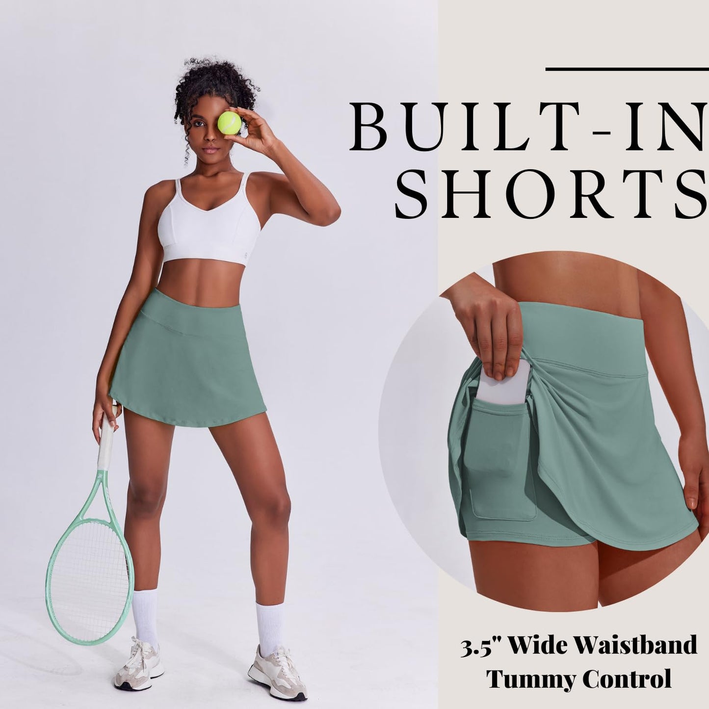 PINSPARK Womens Tennis Skirts Stretch Athletic Skort Mini Pleated Skirt with Shorts Running Golf Casual,Sage Grey Large