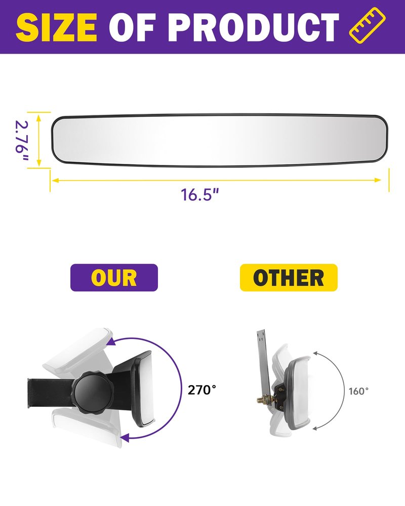 HOWBOW Golf Cart Rear View Mirror fit Yamaha EZGO, Adjustable Rearview Mirror for Most Golf Club Car Expand Vision Enhance Security, 16.5" Wide Rotatable 270° Rear Mirror for TXT RXV DS Precedent