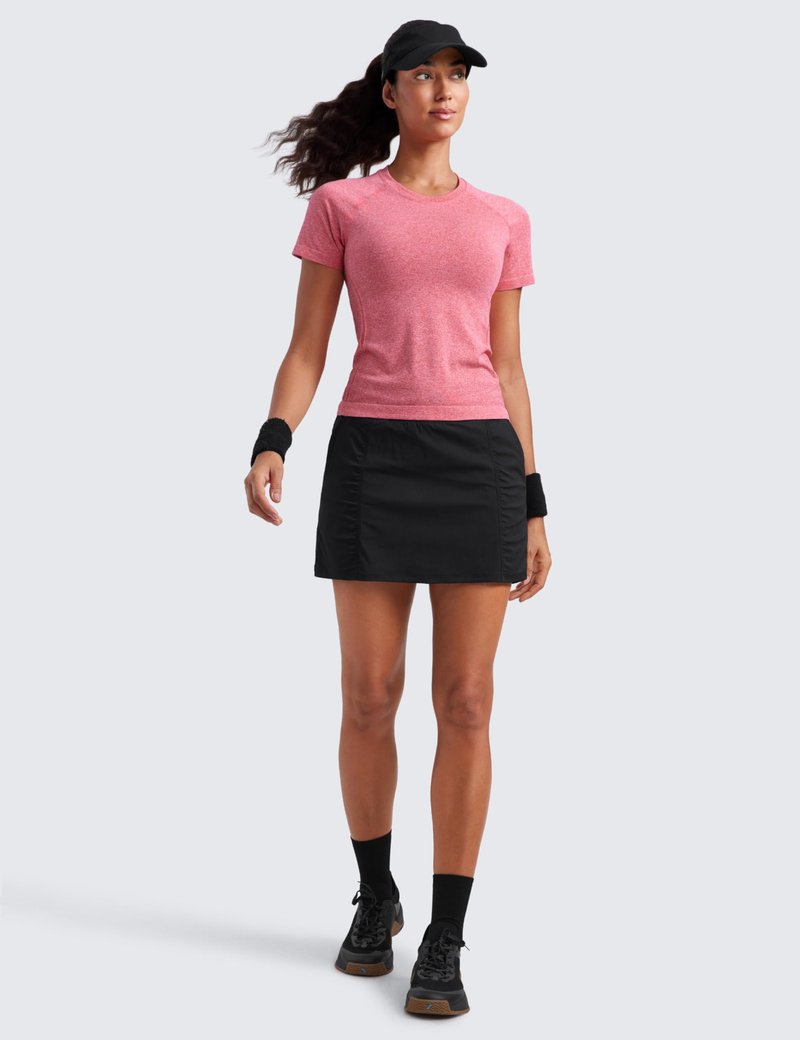 CRZ YOGA Seamless Workout Tops for Women Waist Length - Running Gym Athletic Yoga Short Sleeve Shirts Breathable Crewneck Deep Red Heather Small