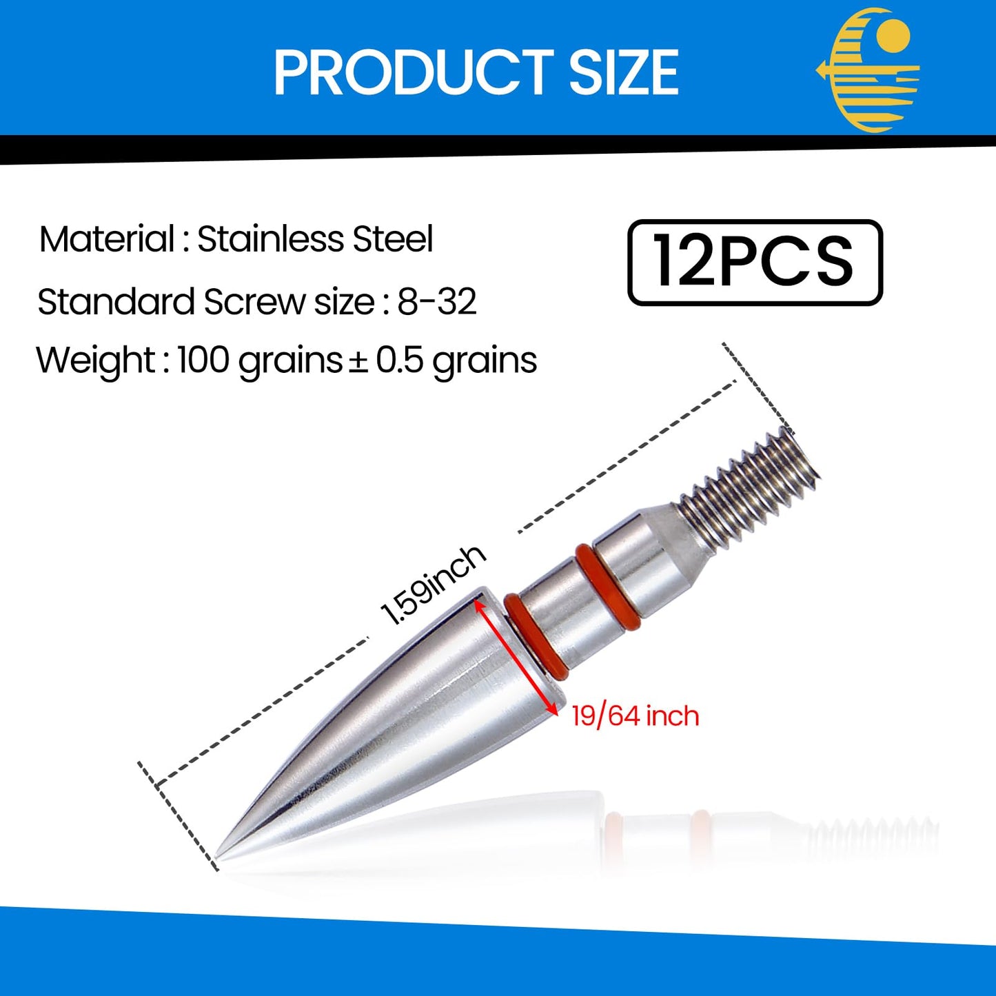 JGSDD 12pcs Archery Field Points, 100/125/150/300 Grain Field Points, Screw-in Archery Field Broadheads for Recurve, Compound Bow Crossbow, Archery Target Crossbow Practice Tip (19/64-300grain)