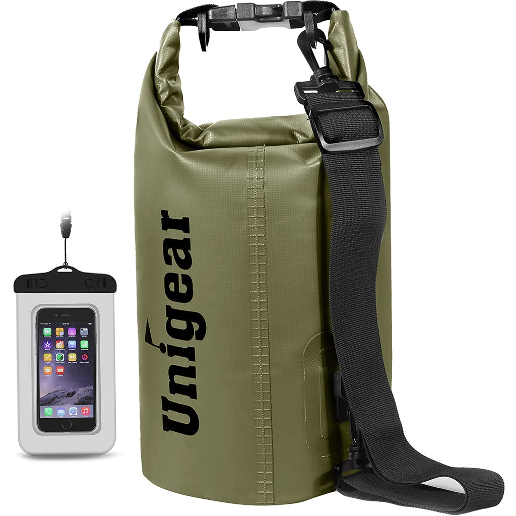 Unigear Dry Bag Waterproof, Floating and Lightweight Bags for Kayaking, Boating, Fishing, Swimming and Camping with Waterproof Phone Case (Army Green, 20L)