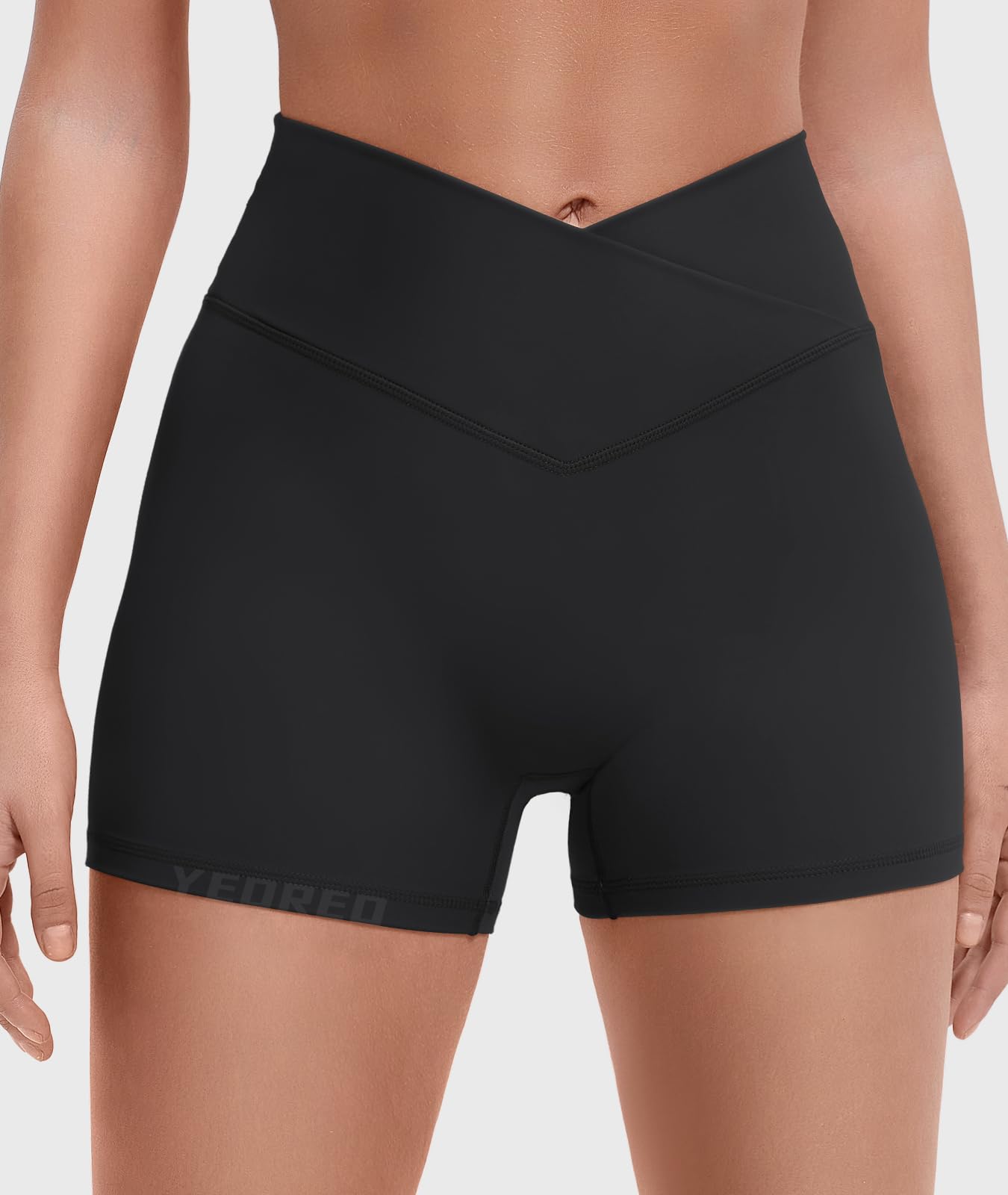 YEOREO Gym Workout Shorts for Women High Waisted Tummy Control Hidden Scrunch 4.5" Booty Shorts Julissa Cross Waist Yoga Black