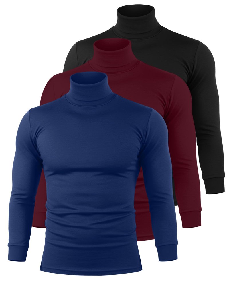 Riyiper 3 Pack Men's Turtleneck Shirts Thermal Basic Knitted Long Sleeve Casual Slim Fit Winter Pullover Tops(Black, Burgundy, Navy Blue,L)