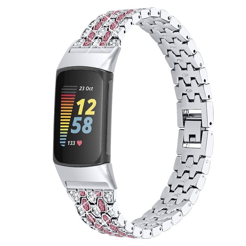 Bling Diamond Bracelet Compatible with Fitbit Charge 6/Charge 5,Bands Metal Classy Stainless Steel Wrist Bands Waterproof Strap for Fitbit Charge 5 Band (SilverPink)