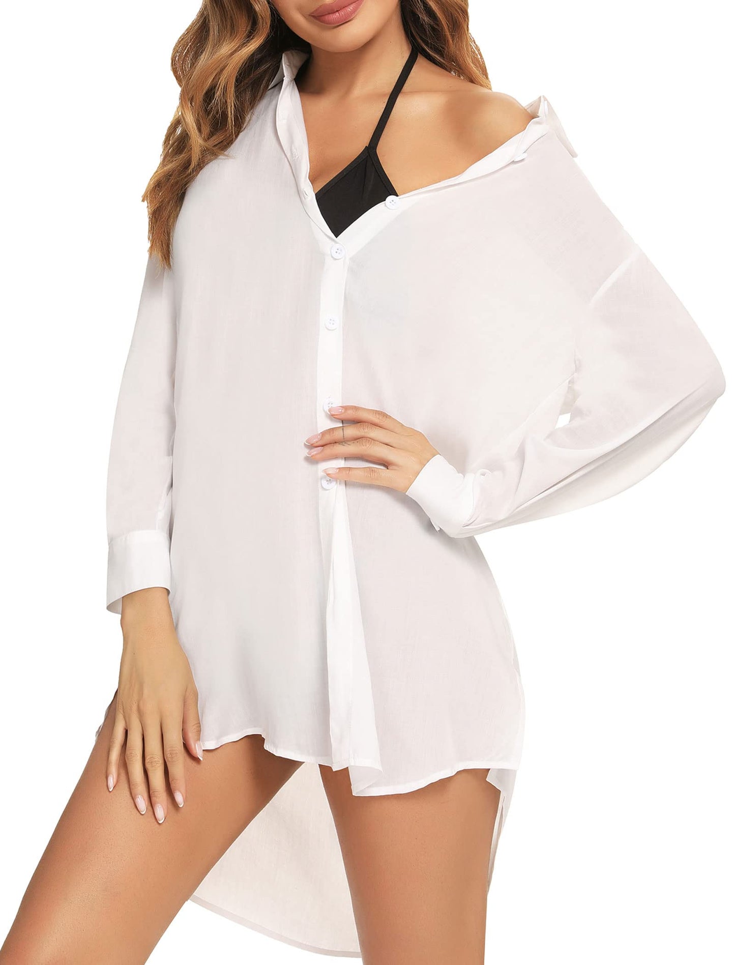 Roojaa Beachwear Bathing Suit Womens Cover Ups Swimwear Sheer Button Down Shirt White