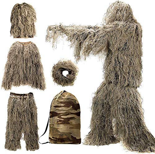 DoCred 5 in 1 Ghillie Suit, 3D Camouflage Hunting Apparel w/Jacket, Pants, Hood, Carry Bag for Adults/Youth, S/M/L/XL/XXL