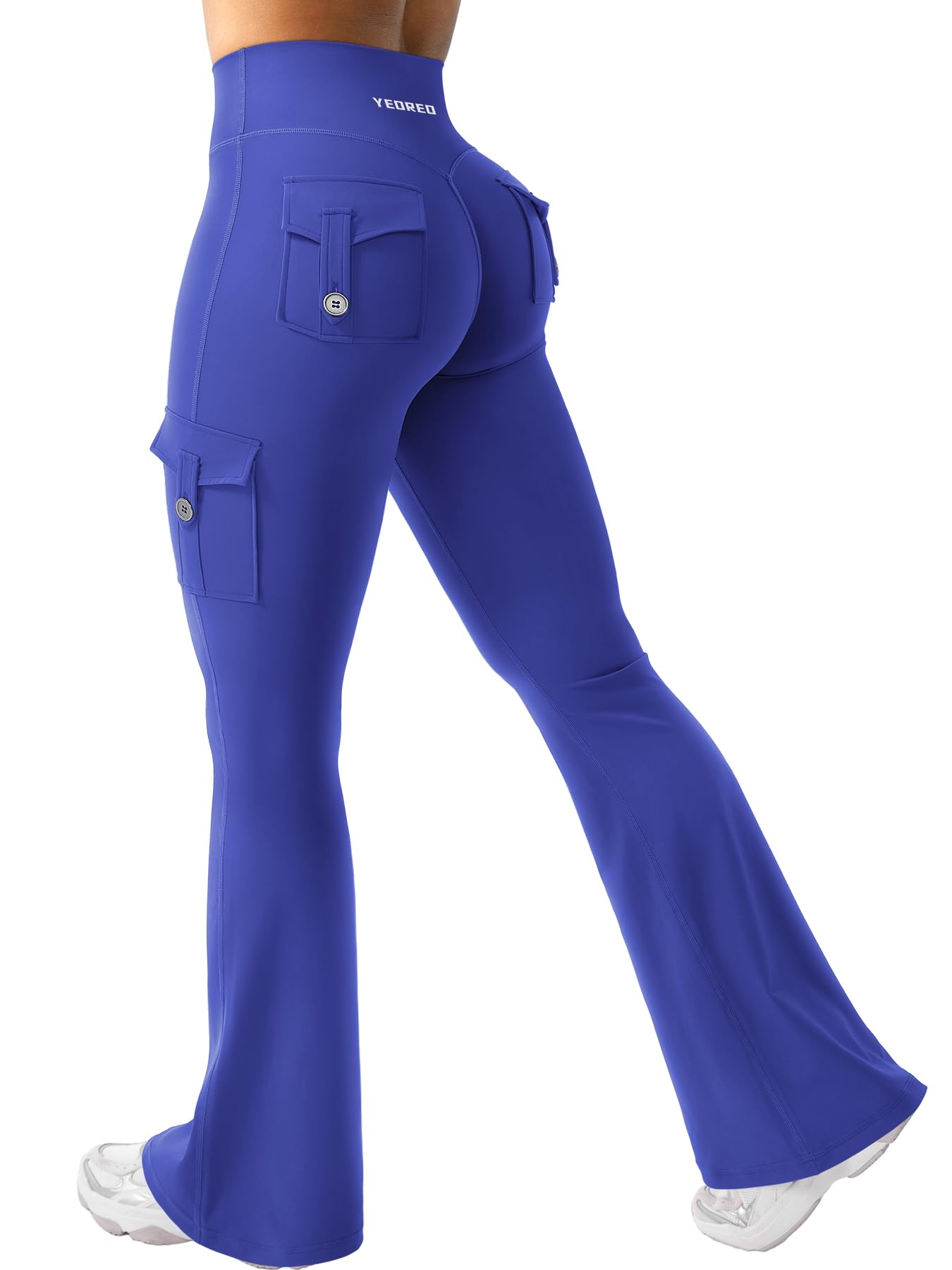 YEOREO CoreFlex Women Workout Flare Leggings with Pockets Hidden Scrunch Cargo Gym Yoga No Front Seam Leggings Dazzling Blue XXL