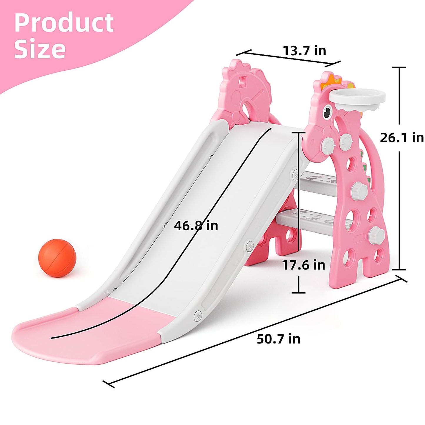 GLAF Toddler Slide Indoor for Toddlers 1-3 Baby Slide Outdoor Playset with Basketball Hoop and Ball Plastic Foldable Slides for Kids Backyard Climber Set (Pink)