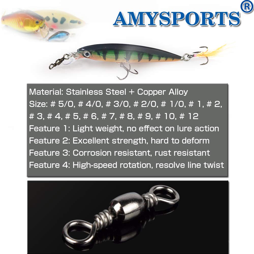 AMYSPORTS High Strength Fishing Swivels - Barrel Solid Ring Swivel, Rolling Line Connector - Saltwater & Freshwater - Stainless Steel - 50pcs, 106lbs