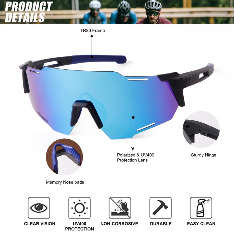 KFPH Polarized Sports Sunglasses for Men Women Bike Glasses Cycling Driving Fishing Mountain Bike Sunglasses UV400 Protection, Black/Blue Lenses