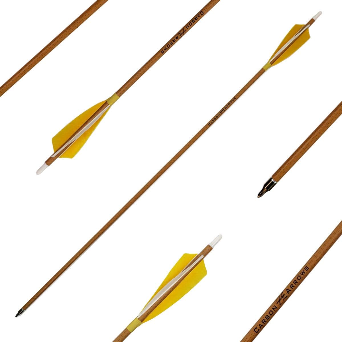 Archery Carbon Arrows - 500 Spine with Helical Real Feathers & Removable Tips | 6 Pack for Compound & Recurve Bows