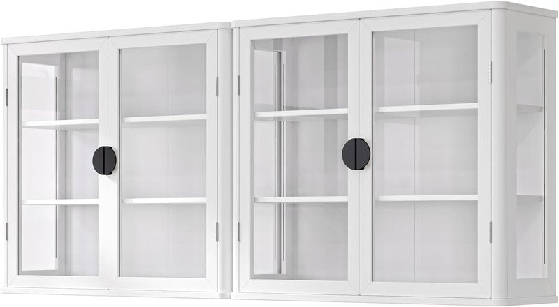 Bathroom Wall Cabinet Set of 2 - 56” Floating Display with Glass Doors & Adjustable Shelves | White Finish
