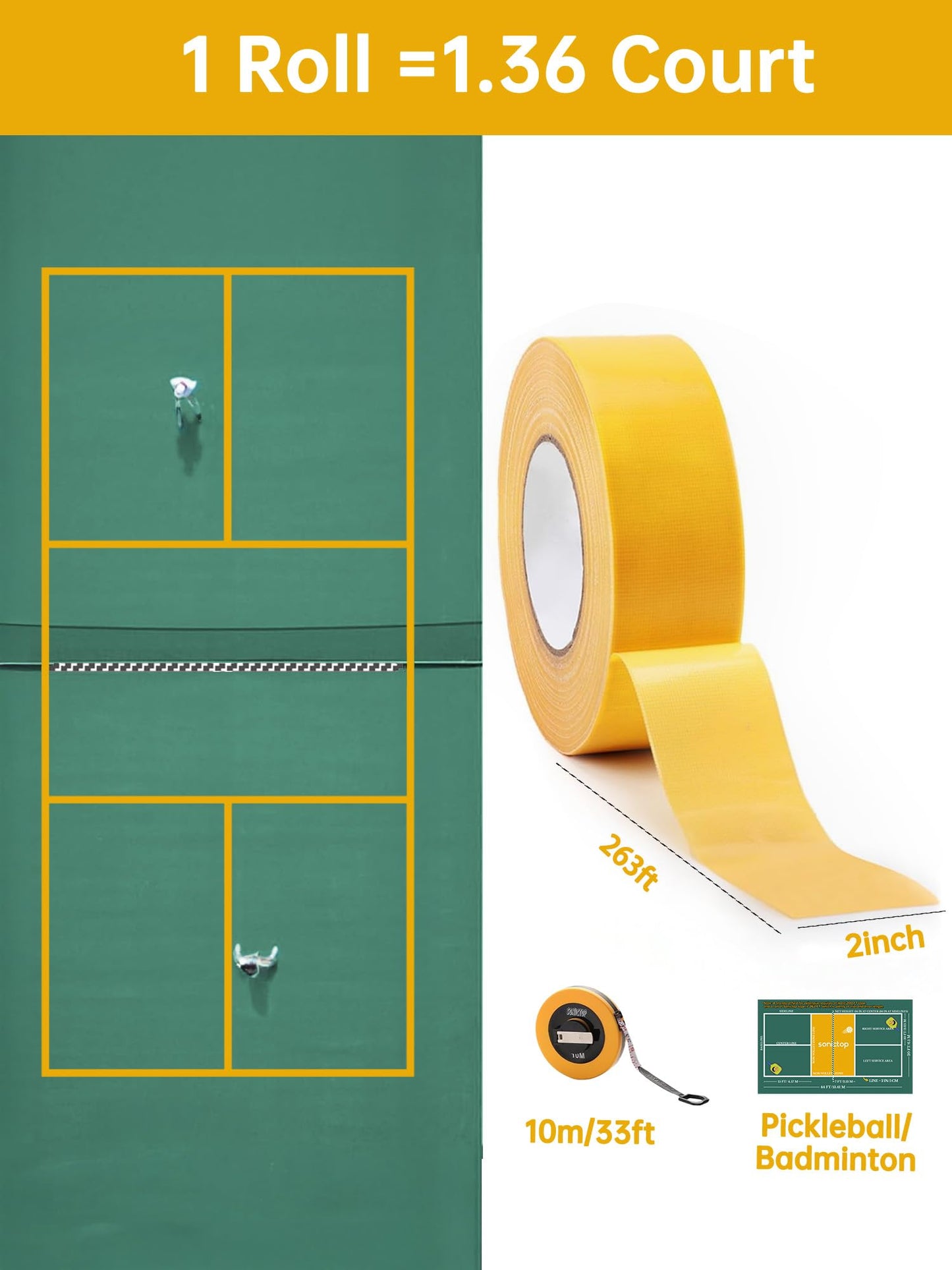 SONICTOP Pickleball Court Marking Kit, 2" x 263 ft Lengthened Pickleball Court Tape 5PCS Set Makes Full Size Outdoor Court Yellow Tape for Temporary Court Lines No Residue Easy Installation(Yellow)