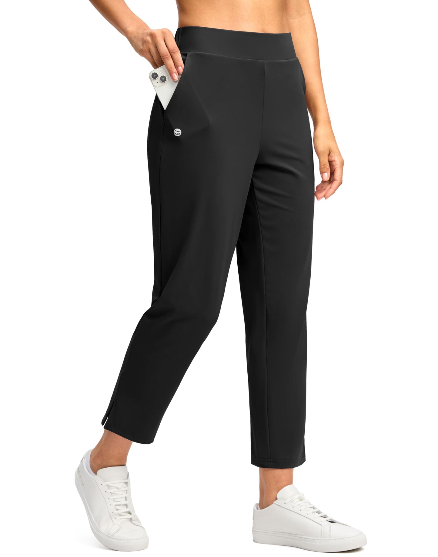 G Gradual Women's Pants 25.5" Ankle 7/8 Golf Pants 3 Pockets Stretchy Petite Travel Pants with Inner Drawstring for Work Business Casual Athletic, Black, M