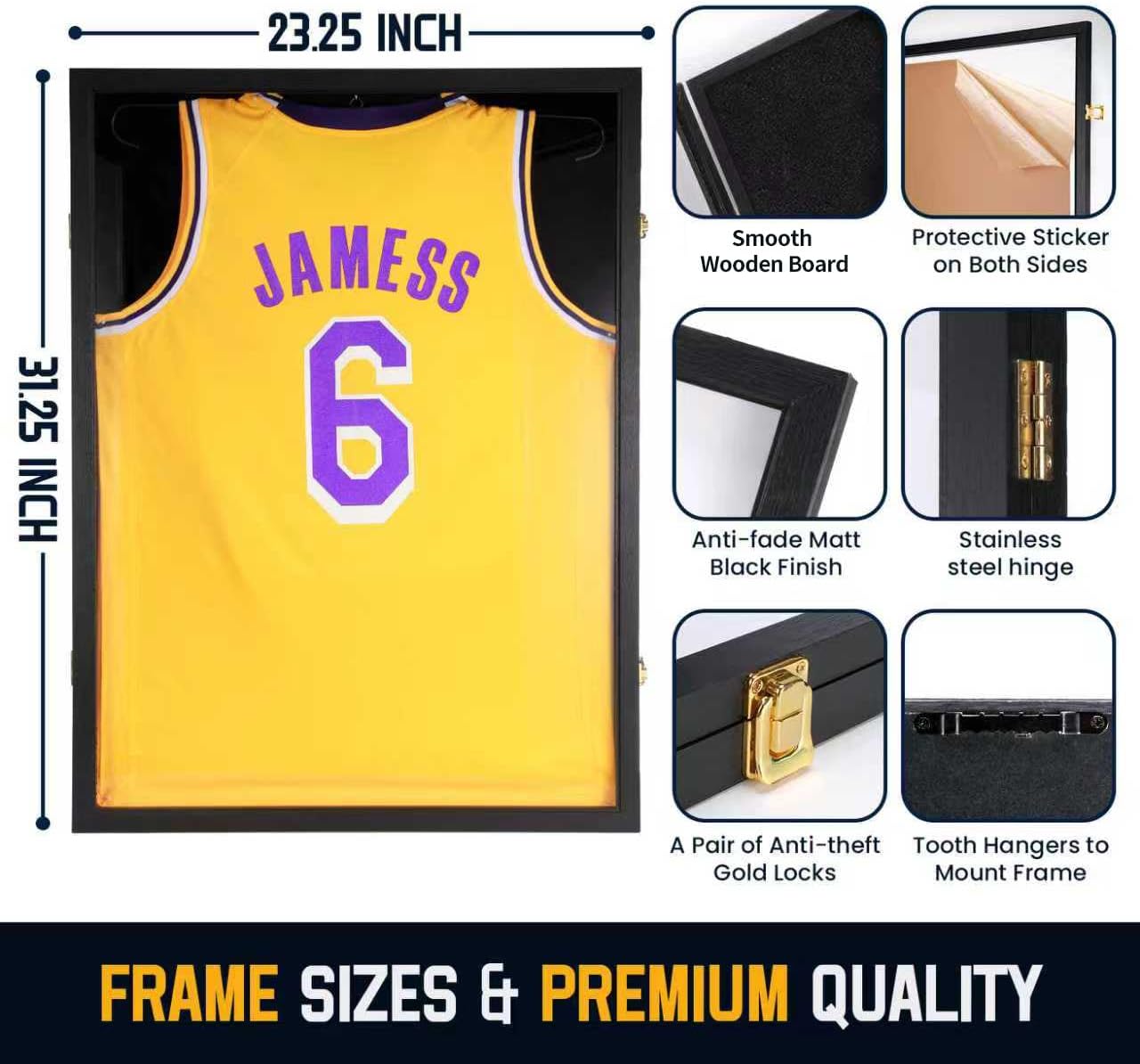 Jersey Wooden Frame Display Case - 98% UV Protection Acrylic for Baseball, Basketball, Football & Hockey Shirts | Black, 3-Pack