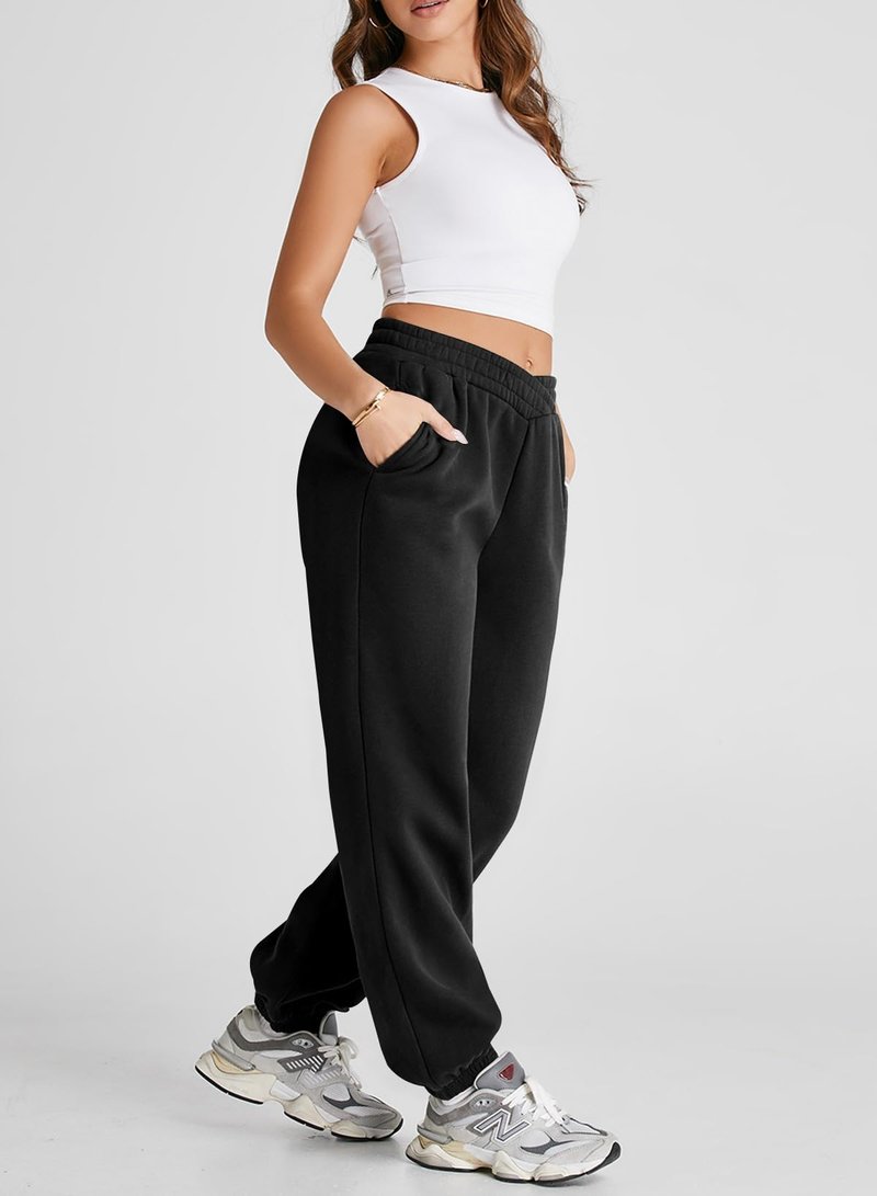 Herseas Women's Black V Crossover Elastic High Waist Sweatpants Y2K Jogger Pants Comfy Fleeced Cozy Long Pants X-Large