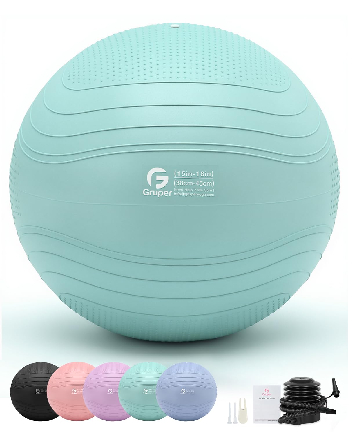 Gruper Yoga Ball, Extra Thick Exercise Ball for Workout Pregnancy Stability - 4 Sizes Anti Burst Balance Ball for Yoga, Pilates, Fitness, Birthing, Physical Therapy - Includes Pump