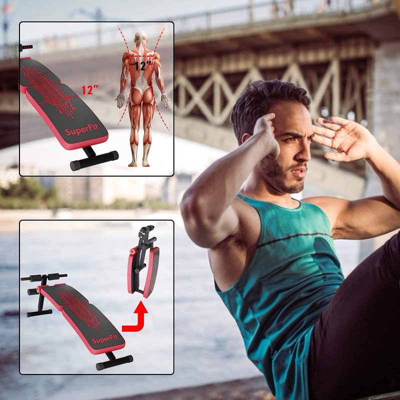 Zimbala Sit Up Bench - Adjustable Utility Slant Board with Reserve Crunch Handle, Abdominal Training Workout Bench for Home Gym (Red)
