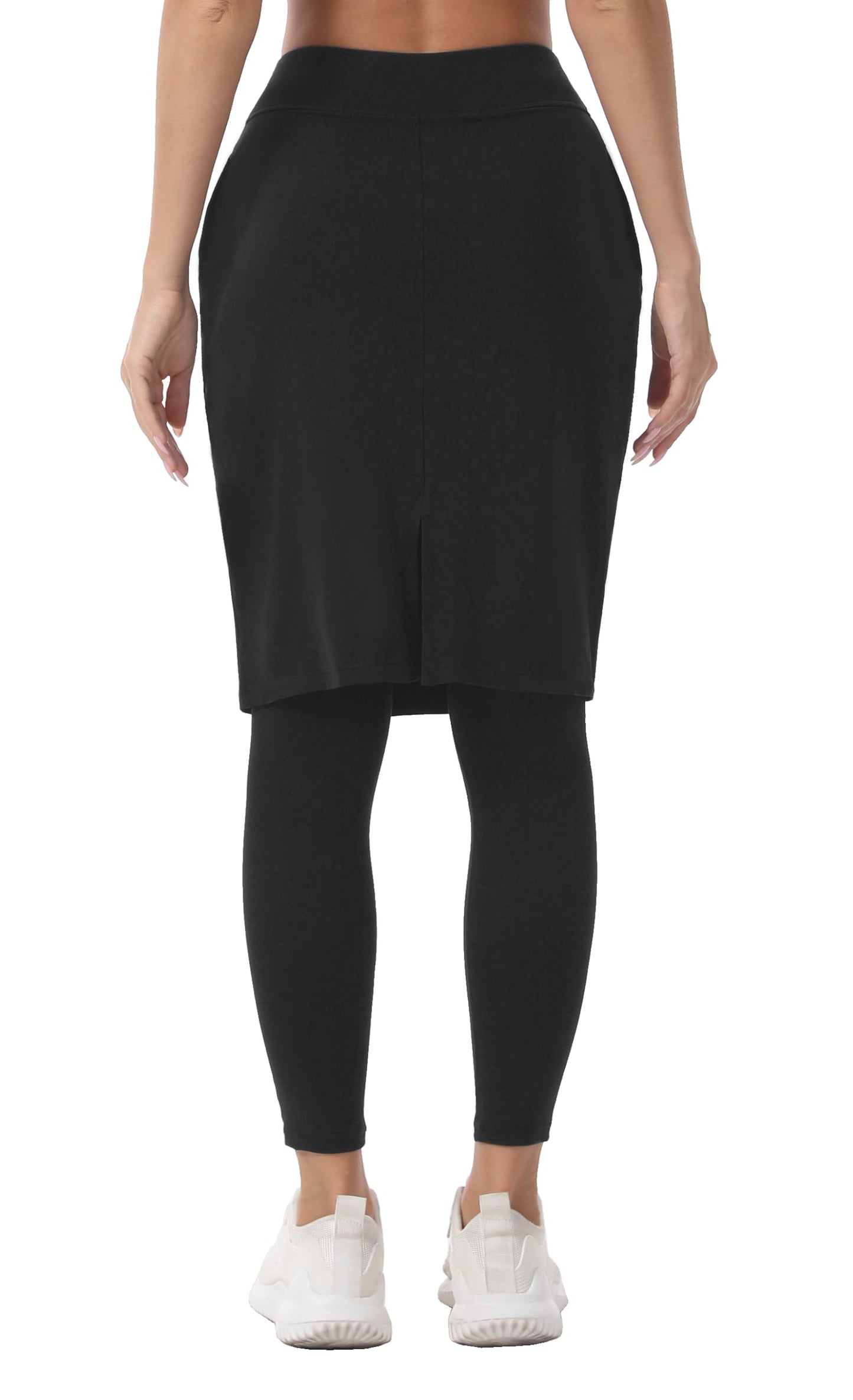 HOKOYI Women 23" Athletic Knee Length Skirt with Full Leggings Attached Pockets Workout Modest Skirted Capris bk m Black
