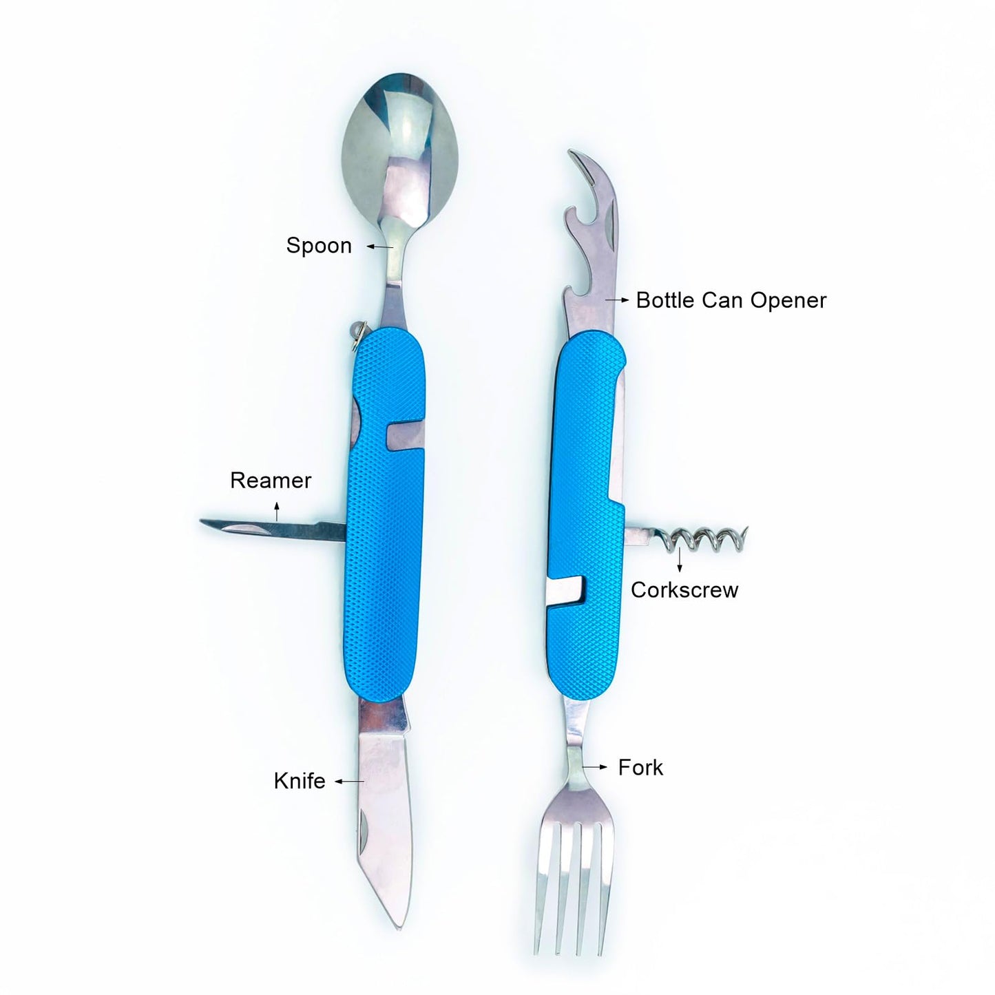 6-in-1 Multi-Function Camping Utensil Flatware Set Detachable Spoon Fork Knife Combo Mess Kit with Carrying Pouch (Blue + Red)