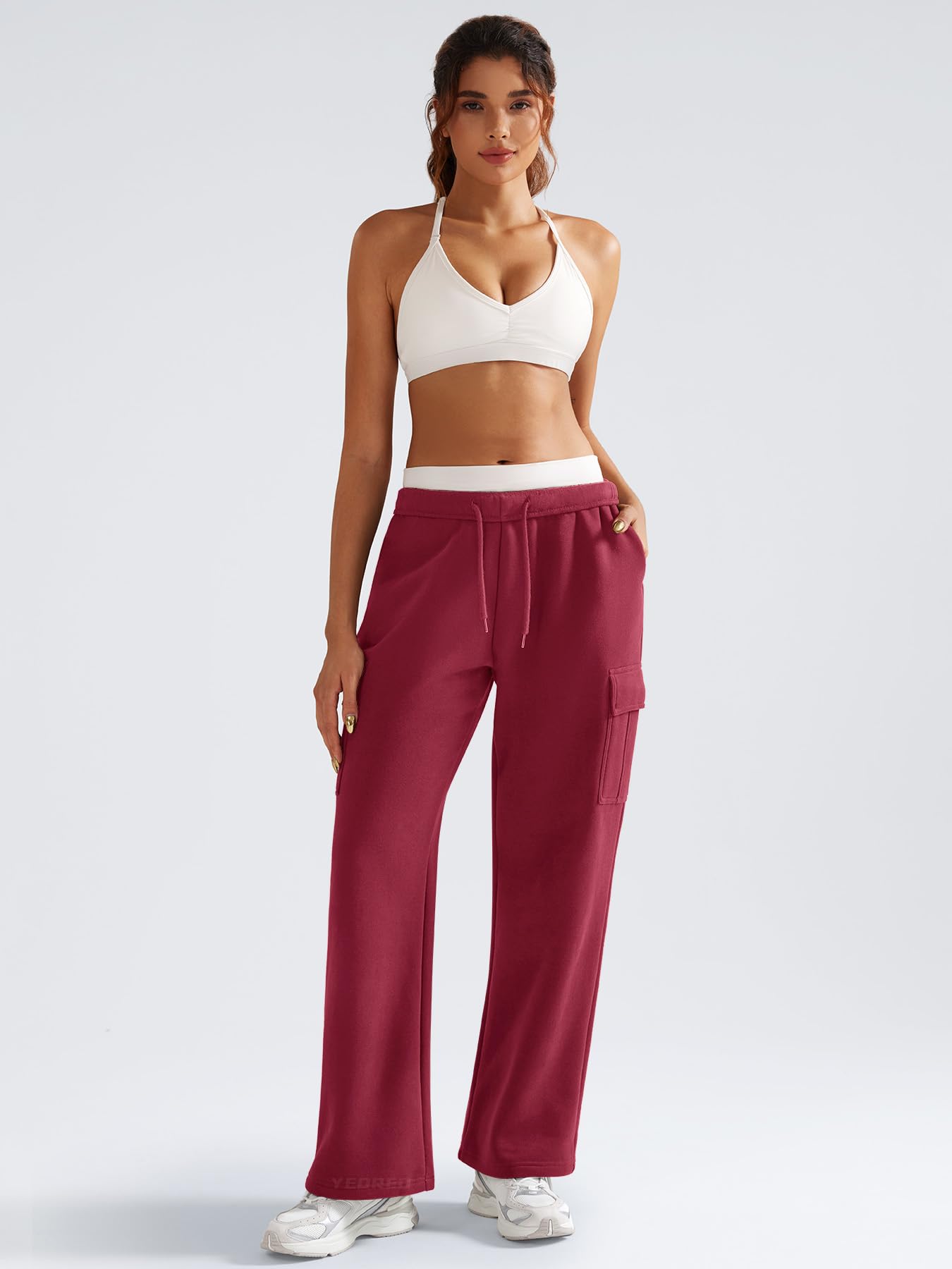 YEOREO Sweatpants Womens Cargo Pants Fleece Lined Wide Leg Joggers Baggy Drawstring Nairi Sweat Pants with Pockets Ancora Red M