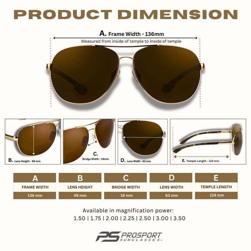 proSPORT Aviator Polarized Bifocal Sunglass Readers Fishing Driving Gold Brown Lens Spring Hinge Men Women 1.50 1.75 2.00 2.25 2.50