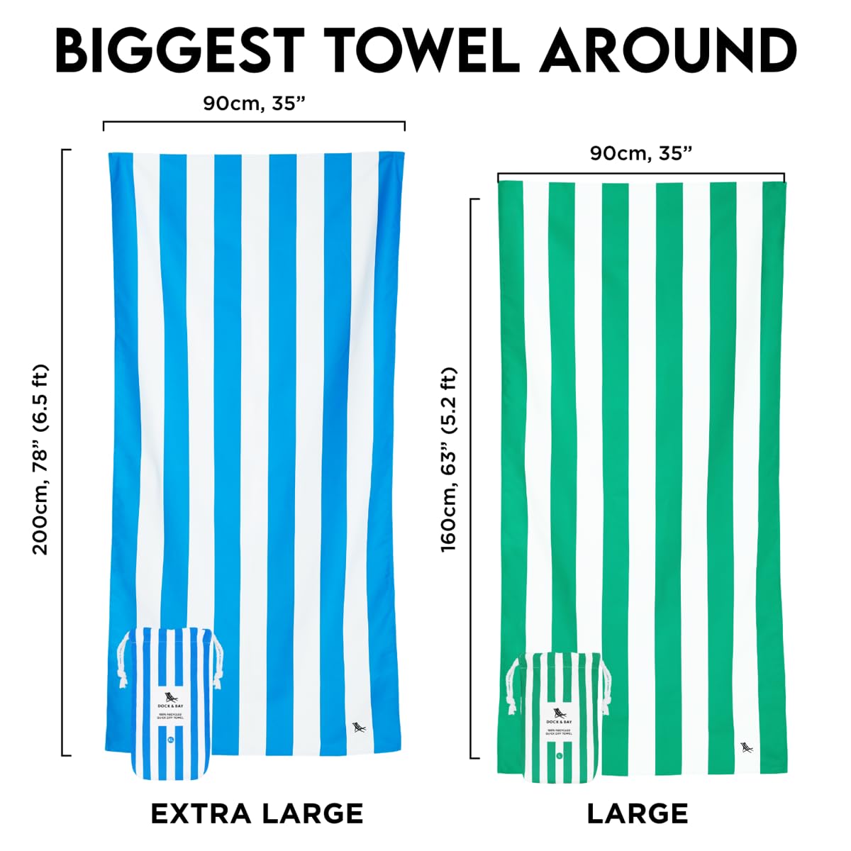 Dock & Bay Beach Towel - Quick Dry, Sand Free - Compact, Lightweight - 100% Recycled - Includes Bag - Cabana - Set A (4), Extra Large (200x90cm, 78x35)