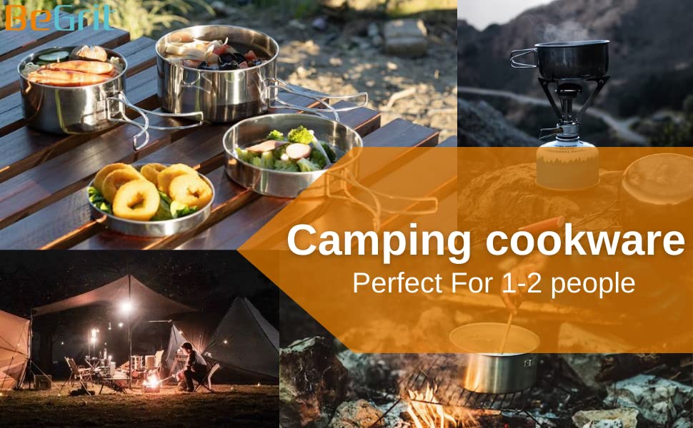 BeGrit Backpacking Camping Cookware Mini Picnic Camping Cooking Mess Kit with Pot and Pan Set for Hiking 4pcs Set