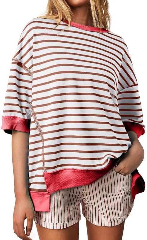Womens Casual Striped Short Sleeve Sweatshirt - Comfortable Crewneck Pullover Top | Loose Fit Blouse