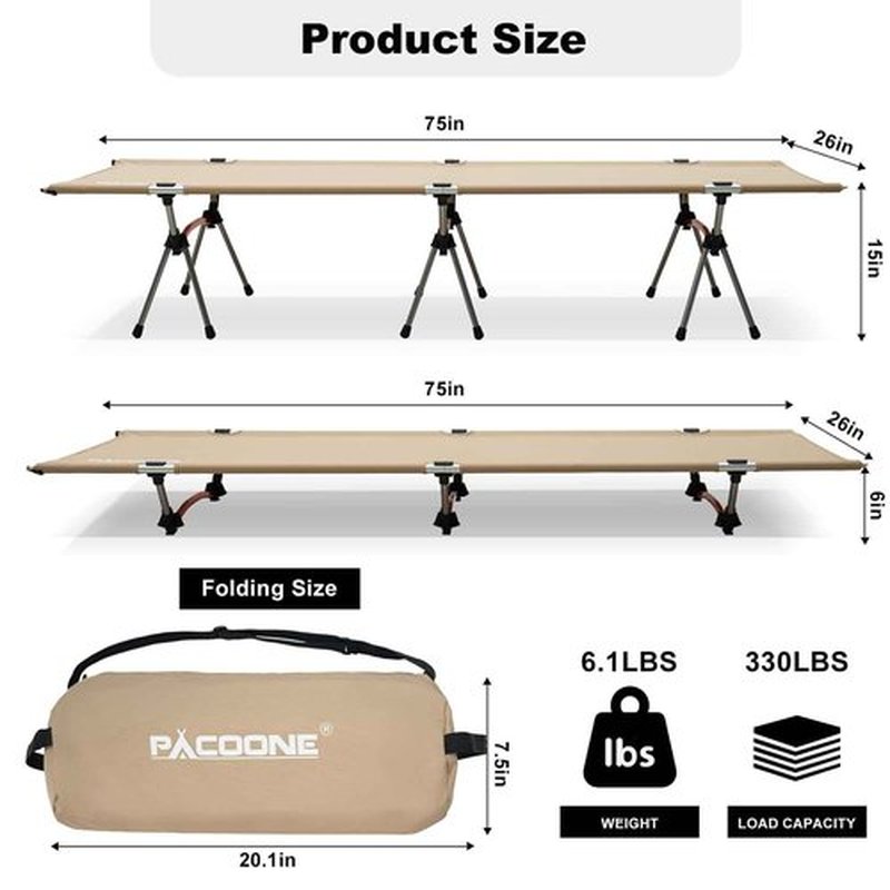 PACOONE 2-in-1 Ultralight Folding Camping Cot with Leg Extenders, Military Camping Cots Bed, Heavy Duty Folding Sleeping Camping Cot for Backpacking Hiking Travel Tent, Support 330 Lbs (Khaki)