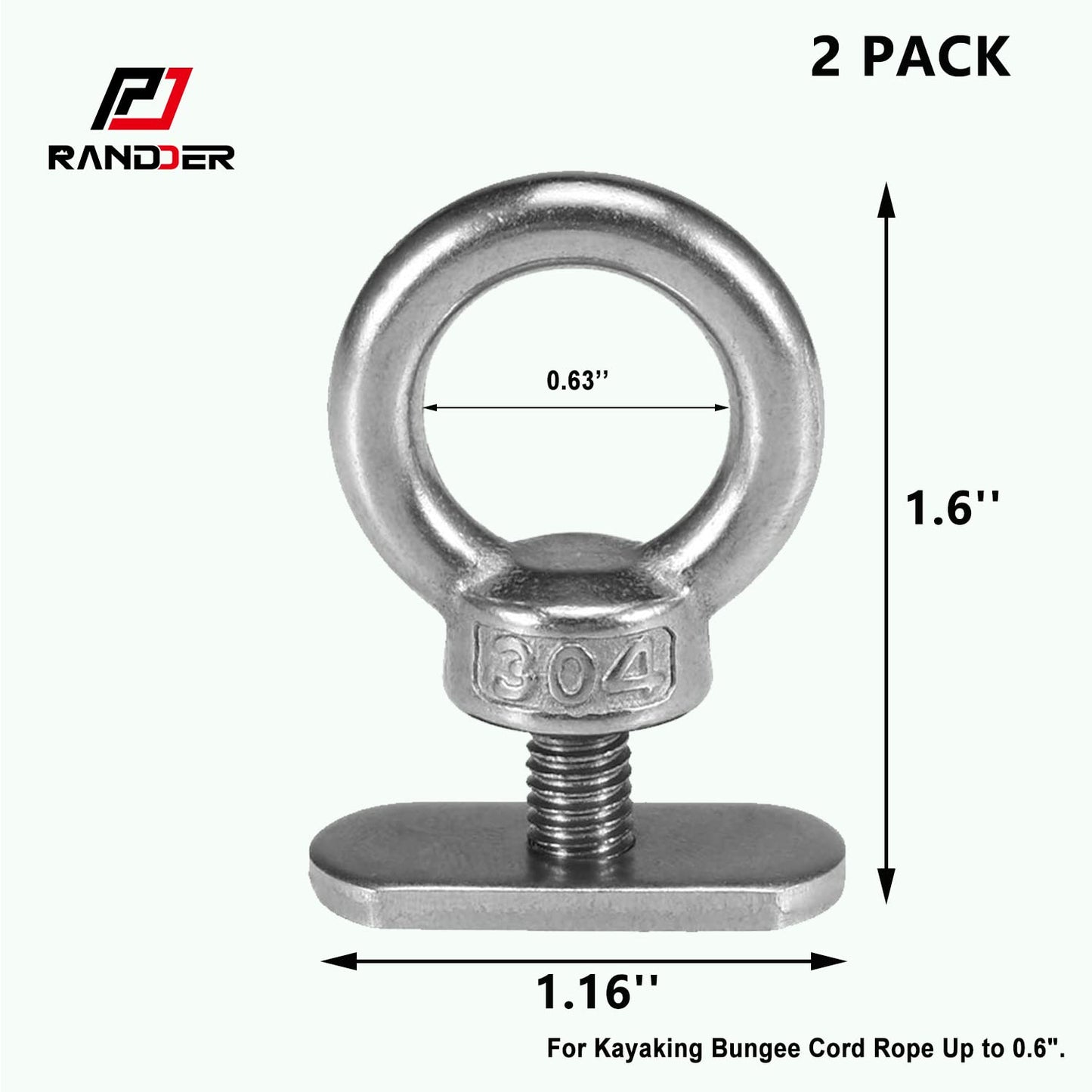 RANDDER Track Mount Kayak Tie Down Eyelet, 2 Packs Stainless Steel Eyelets with 4 Washers & 2 Nuts Kayaking Mounting Replacement Kit for Bungee Cord Rope Up to 0.6"