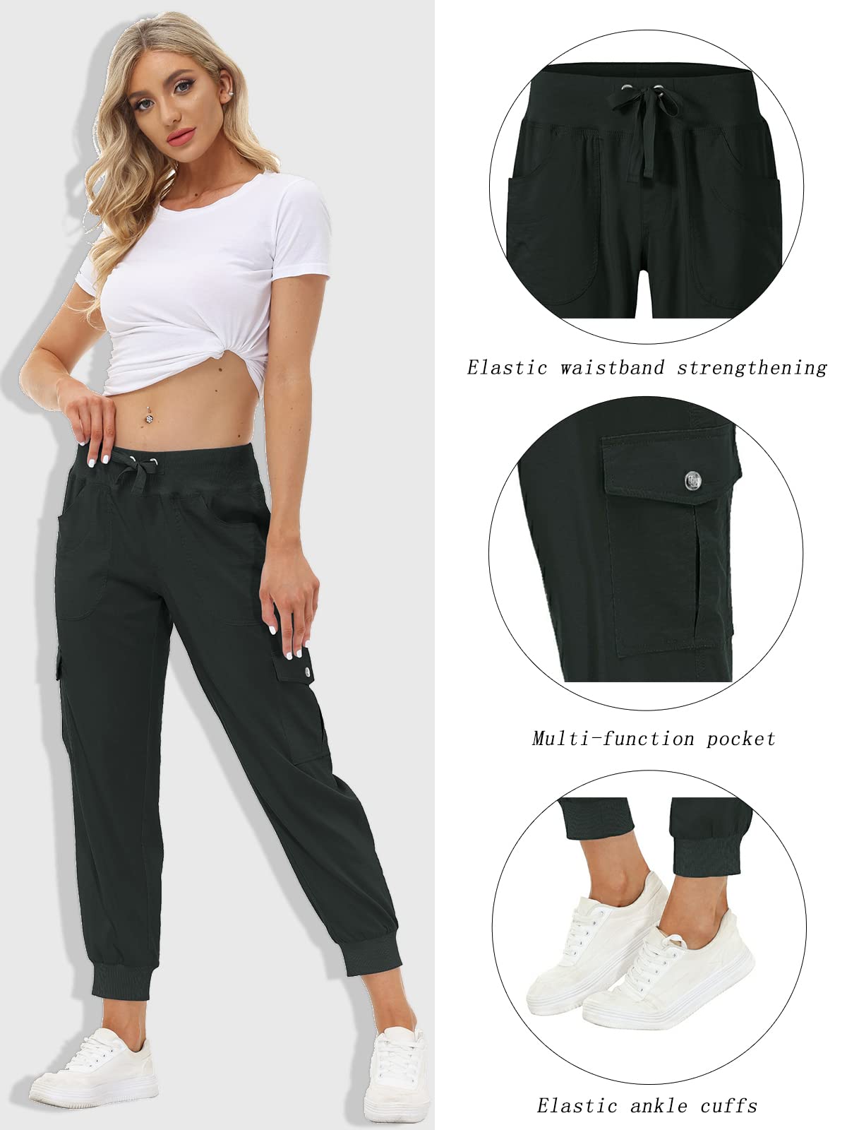 MoFiz Women Cargo Pants with Pockets Lightweight Outdoor Summer Travel Casual Hiking Pants Running Joggers Sweatpants Elastic Waist Dark Grey L