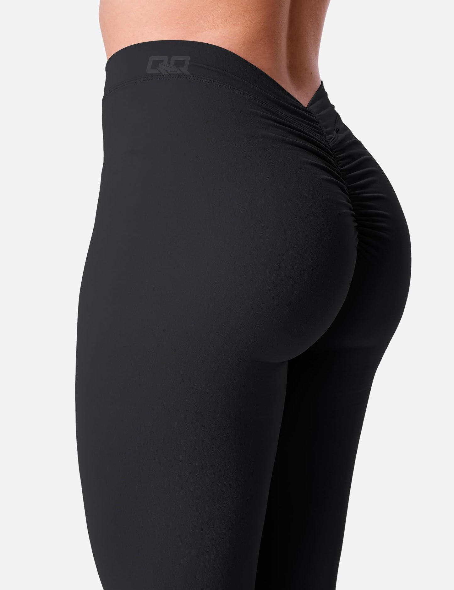 QOQ V Back Leggings for Women Scrunch Butt Lifting Workout Leggings High Waisted Gym Booty Tights Black M