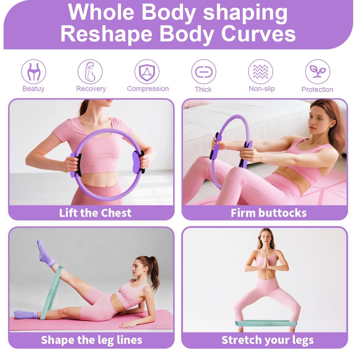 CoreHarmony Pilates Equipment Kit for Women, Magic Circle Ring with Mini Ball, Multi Level Resistance Bands, Stretch Strap and Grip Socks, Women’s Day Gift