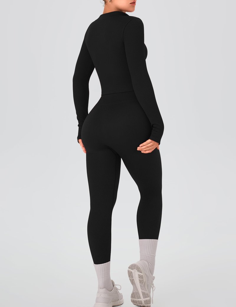 OLCHEE Womens Workout Sets 2 Piece Seamless Ribbed Long Sleeve Yoga Outfits High Waist Leggings Zipper Jacket Thumb Hole Gym Set - Black Medium