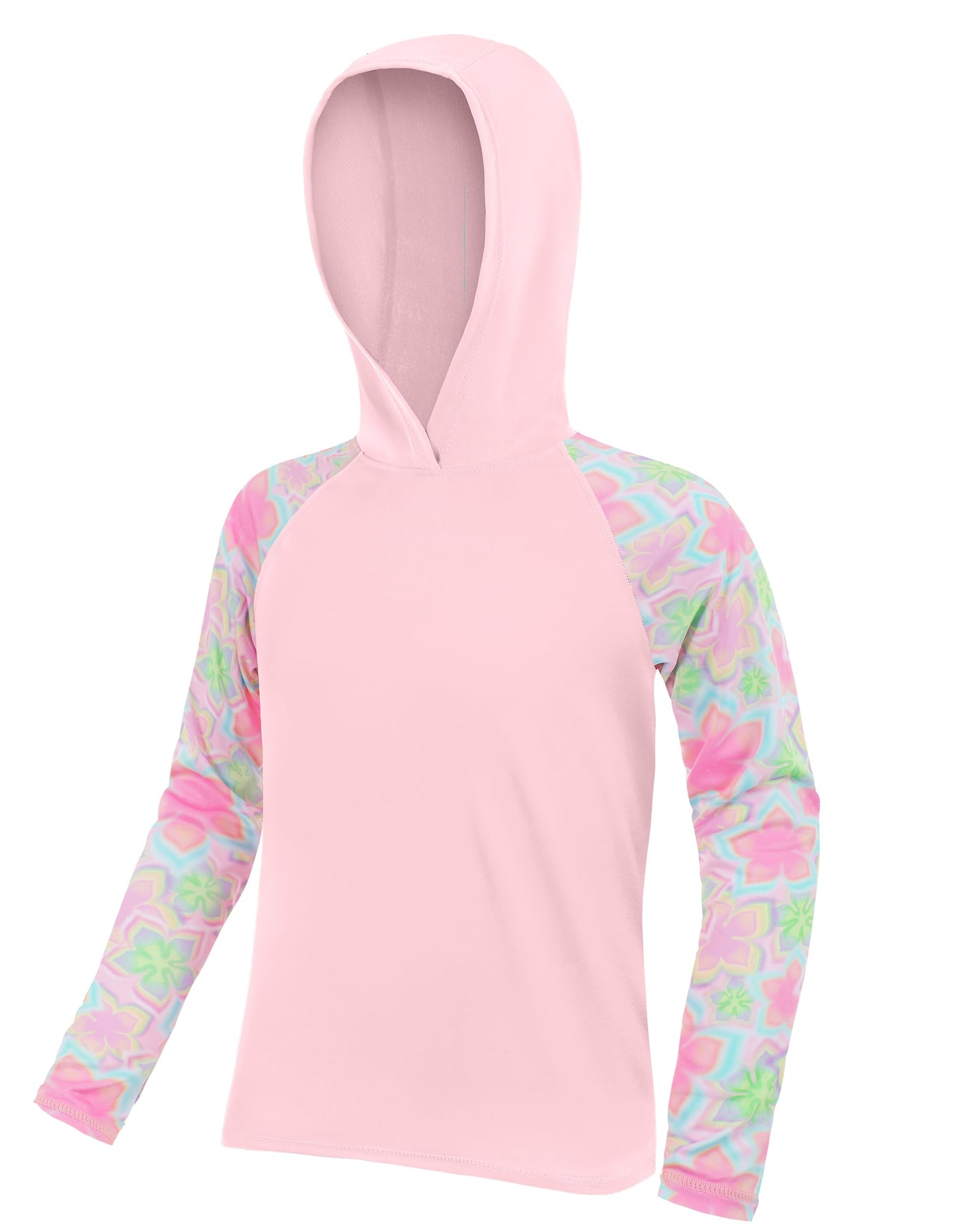 DRONIRING Boys Rash Guard Swim Hoodie, UPF 50+ UV Sun Protection Long Sleeve Fishing Shirt, Kids Youth SPF Water Shirts Pink-Green