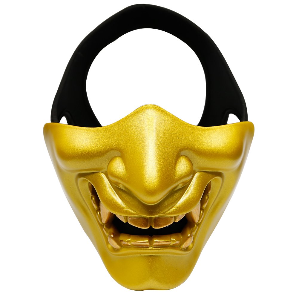 Aoutacc Airsoft Half Face Masks, Evil Demon Monster Kabuki Samurai Hannya Oni Half Face Protective Masks Masquerade Ball, Party, Halloween, Cs War Game (Gold)