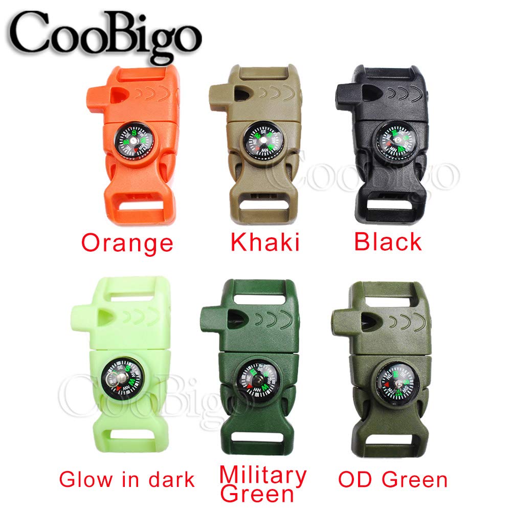 CooBigo 10Pack 5/8" Compass Whistle Buckle Plastic Paracord Bracelet Outdoor Camping Emergency Survival Travel Kits (MilitaryGreen)
