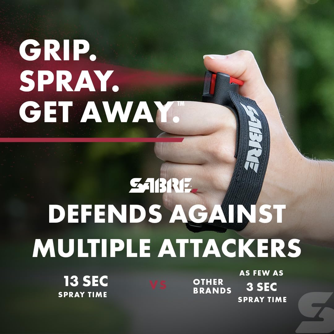 SABRE Runner Pepper Gel, Police Strength OC Spray, Adjustable 360° Reflective Hand Strap for Easy Carry & Access, 0.67 fl oz, 4X Longer Spray Time - Up to 13 Seconds, HPLC Tested, Reduced Blowback