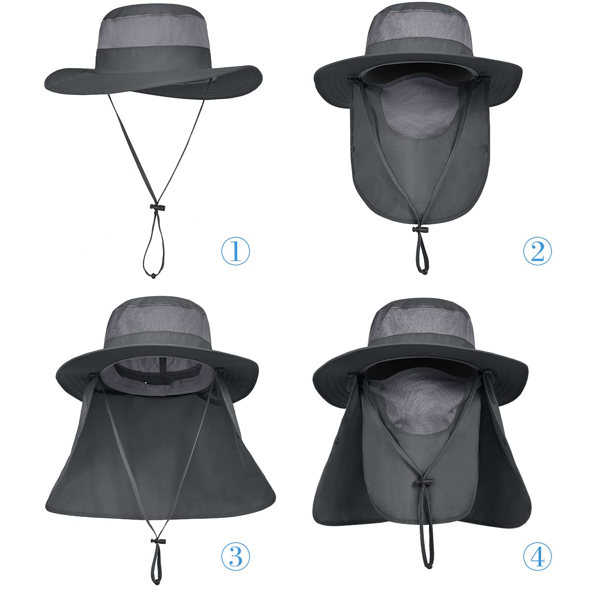 3 Pack Mens Outdoor Wide Brim Fishing Hat,UPF 50+ Sun Protection Cap with Face Neck Flap for Hiking & Garden (3 Pack-Dark Grey)