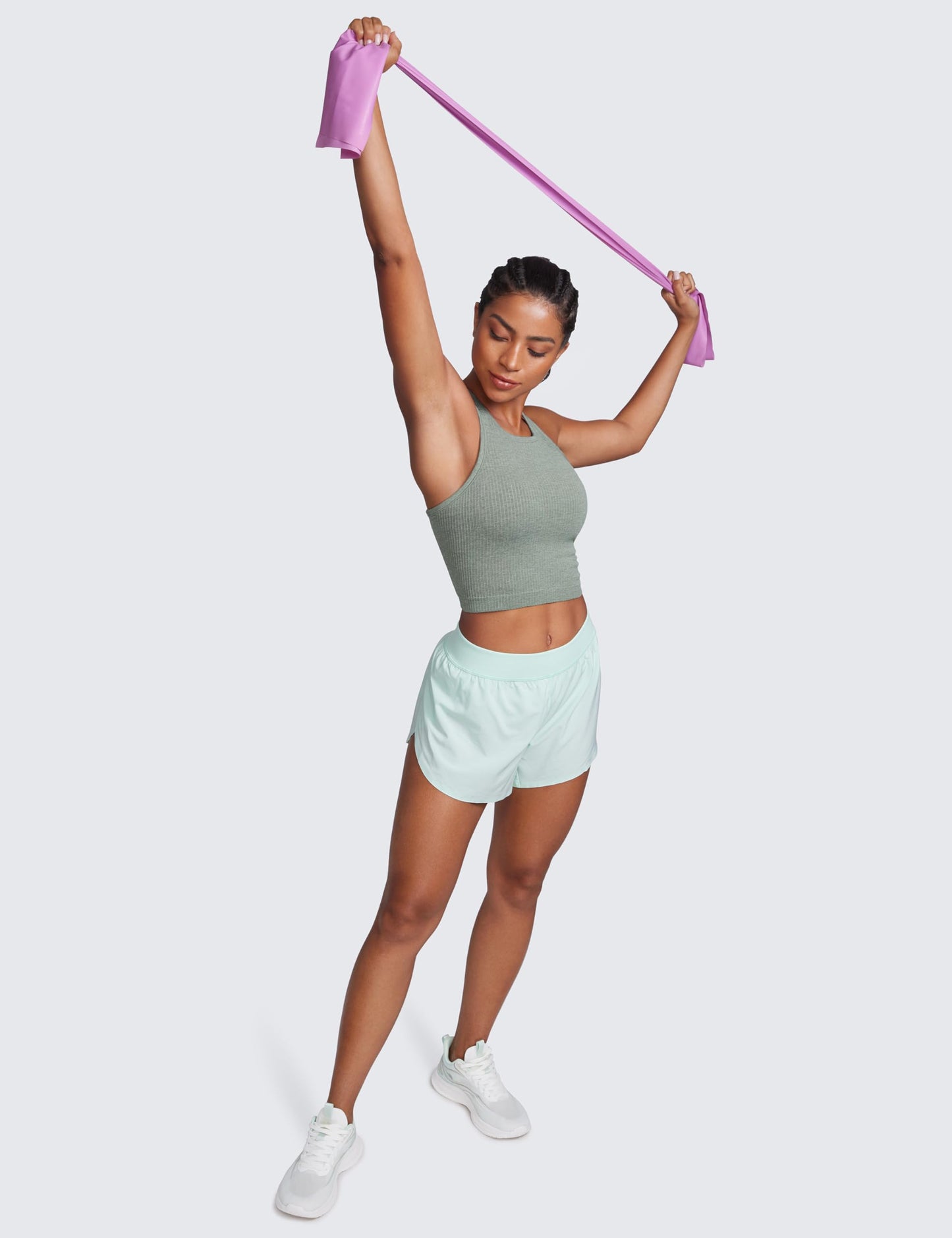 CRZ YOGA Seamless Ribbed High Neck Crop Tank Tops for Women - Longline Racerback Padded Sports Bras Dark Green Heather Medium
