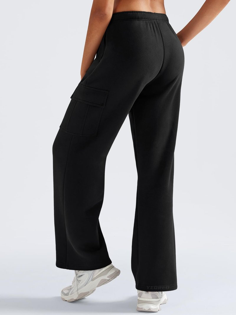 YEOREO Sweatpants Womens Cargo Pants Fleece Lined Wide Leg Joggers Baggy Drawstring Nairi Sweat Pants with Pockets Black S