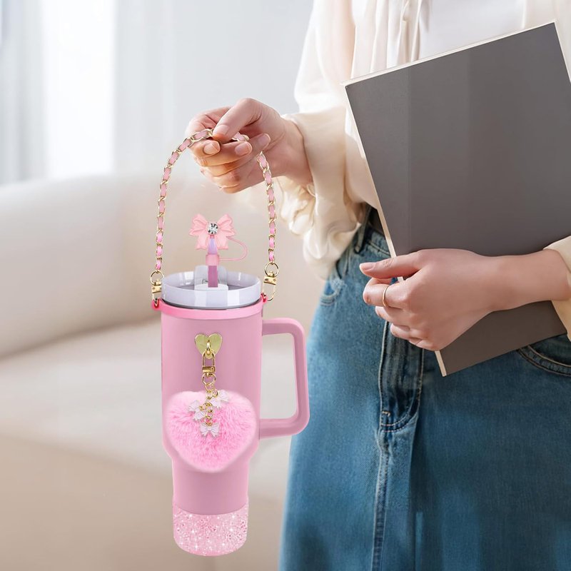 Stanley Cup Accessories for 40oz & 30oz Tumbler,include Bling Bowknot Straw Topper Cover Decoration, Heart Shape Pompom Ball,Leather Water Bottle Handle Strap,Shinning Stanley Cup Boot,Charms (Pink)