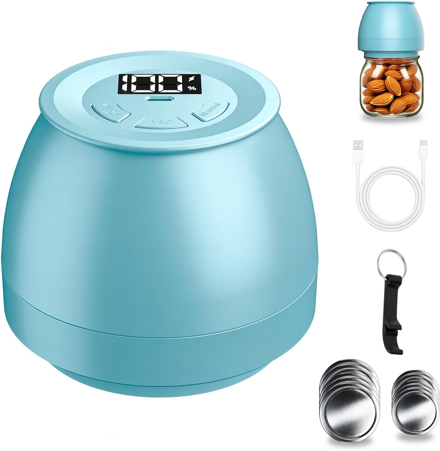 Electric Mason Jar Vacuum Sealer Kit - Automatic Food Storage & Fermentation | Includes 10 Lids, Blue